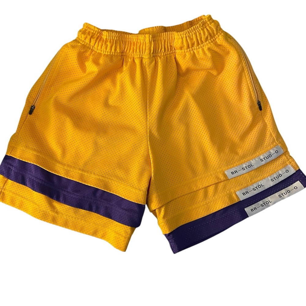 Bristol Studio Triple Hem LA Yellow and Purple Athletic Shorts (M)